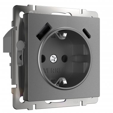 Фотография товара 'Werkel W1171764 Розетка с заземлением, шторками и USB тип A+C графит матовый'