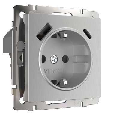 Фотография товара 'Werkel W1171709 Розетка с заземлением, шторками и USB тип A+C серебряный рифленый'
