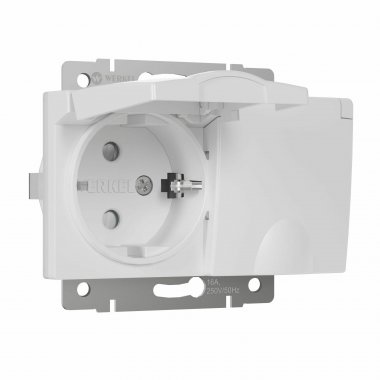 Фотография товара 'Werkel W1172201 Розетка двойная влагозащ. с зазем. с защит. крышками и шторками белый'