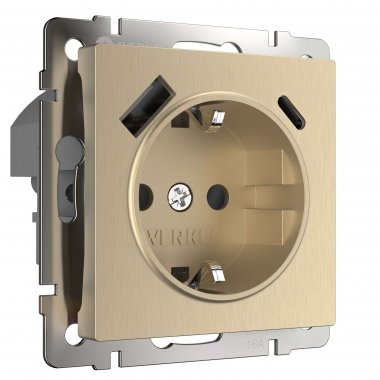 Фотография товара 'Werkel W1171710 Розетка с заземлением, шторками и USB тип A+C шампань рифленый'