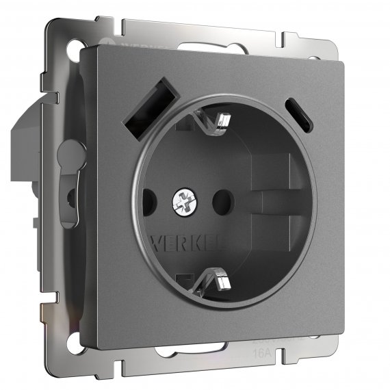Фотография товара 'Werkel W1171764 Розетка с заземлением, шторками и USB тип A+C графит матовый'