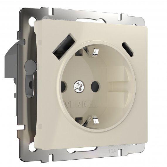 Фотография товара 'Werkel W1171703 Розетка с заземлением, шторками и USB тип A+C слоновая кость'