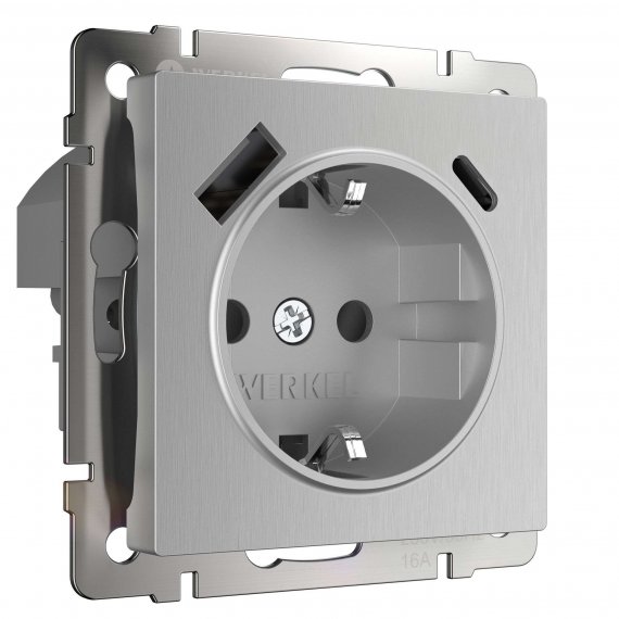 Фотография товара 'Werkel W1171709 Розетка с заземлением, шторками и USB тип A+C серебряный рифленый'