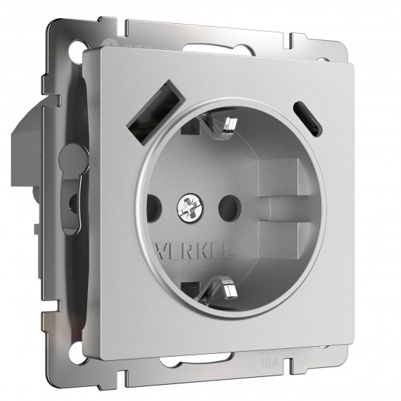 Фотография товара 'Werkel W1171765 Розетка с заземлением, шторками и USB тип A+C серебряный матовый'
