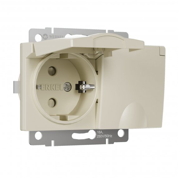 Фотография товара 'Werkel W1172203 Розетка двойная влагозащ. с зазем. с защит. крышками и шторками слоновая кость'
