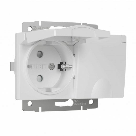Фотография товара 'Werkel W1172201 Розетка двойная влагозащ. с зазем. с защит. крышками и шторками белый'