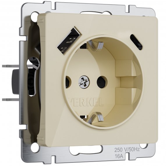 Фотография товара 'Werkel W1171743 W1171743/ Розетка с заземлением, шторками и USB тип A+C (айвори акрил)'