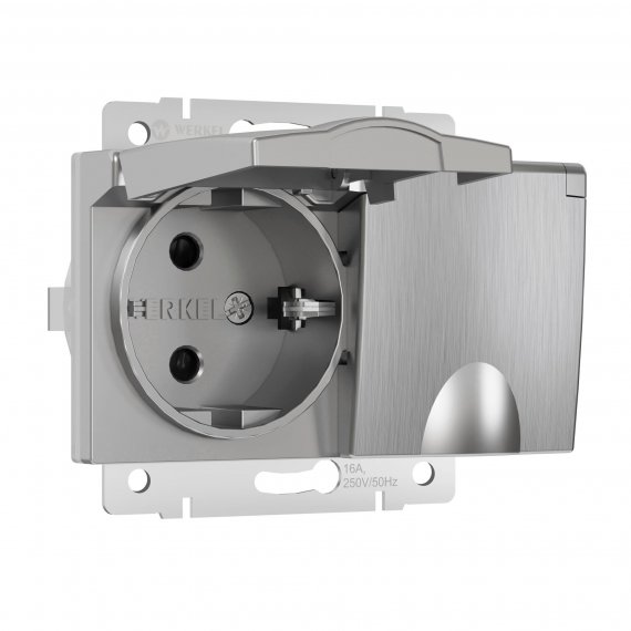 Фотография товара 'Werkel W1172209 Розетка двойная влагозащ. с зазем. с защит. крышками и шторками серебряный рифленый'