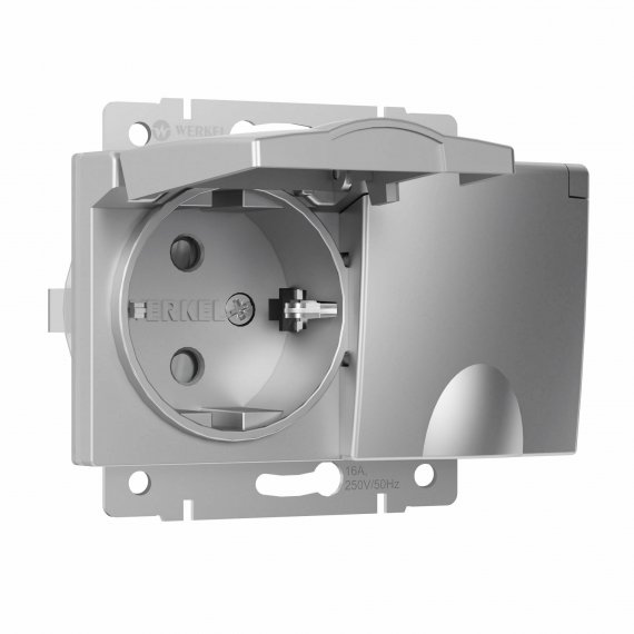 Фотография товара 'Werkel W1172206 Розетка двойная влагозащ. с зазем. с защит. крышками и шторками серебряный'